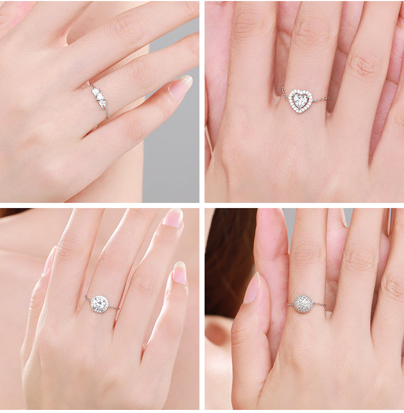 Sterling Silver Ring with Chain Design, Zirconia Inlay, Adjustable Size, Different Choice with Crystals for Women and Girls