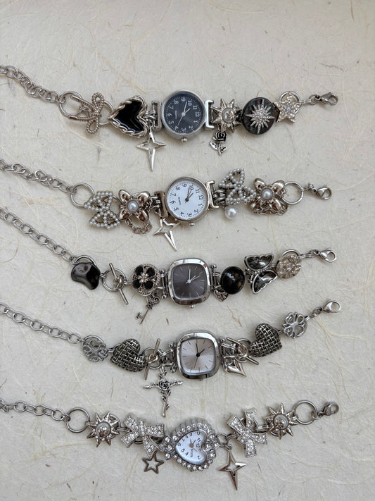 Punk Silver Black and Whit Multi-Charm Watch Bracelet