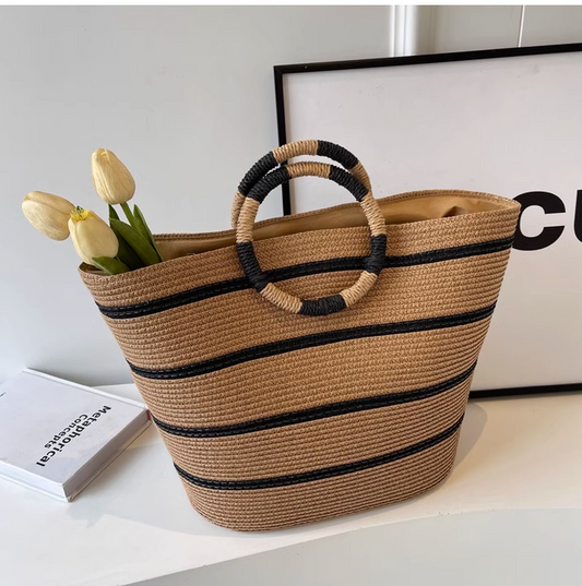 Hand-woven Straw Large Hobo Bag for Women Round Handle Toto Retro Summer Beach Straw Bag