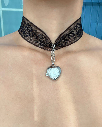 Vintage silver heart watch necklace