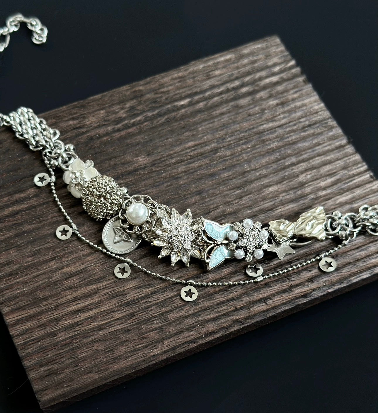 Punk vintage butterfly floral pendant silver layered necklace, Y2K necklace, elegant vintage, trendy eclectic necklace,Perfect unique gift.
