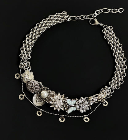 Punk vintage butterfly floral pendant silver layered necklace, Y2K necklace, elegant vintage, trendy eclectic necklace,Perfect unique gift.