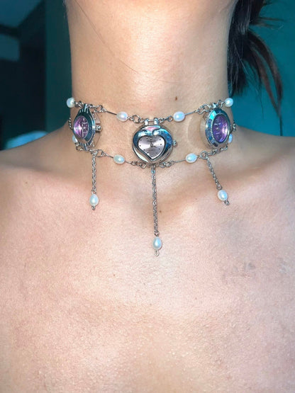Retro Elegant Three Watch Choker Necklace, Funky Clock Choker, Y2K Necklace，Clock Whimsical Neckalce,Trending Quartz Cross Pearl necklace.
