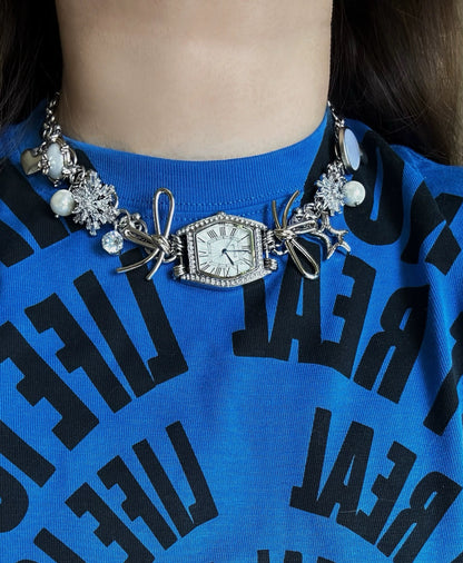 Vintage silver bow watch pendant choker, metallic Y2K necklace