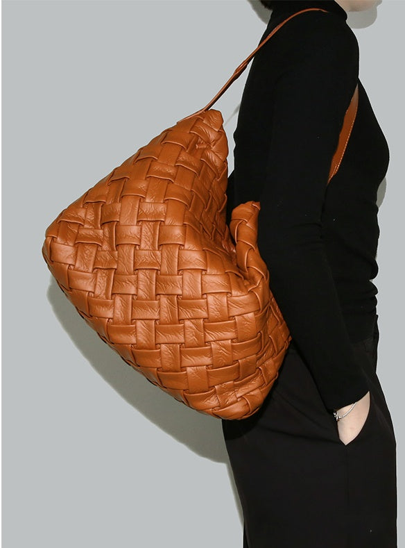 Soft Leather Woven Tote, Large Capacity Hobo Bucket Bag, Premium Satchel with Child Bag