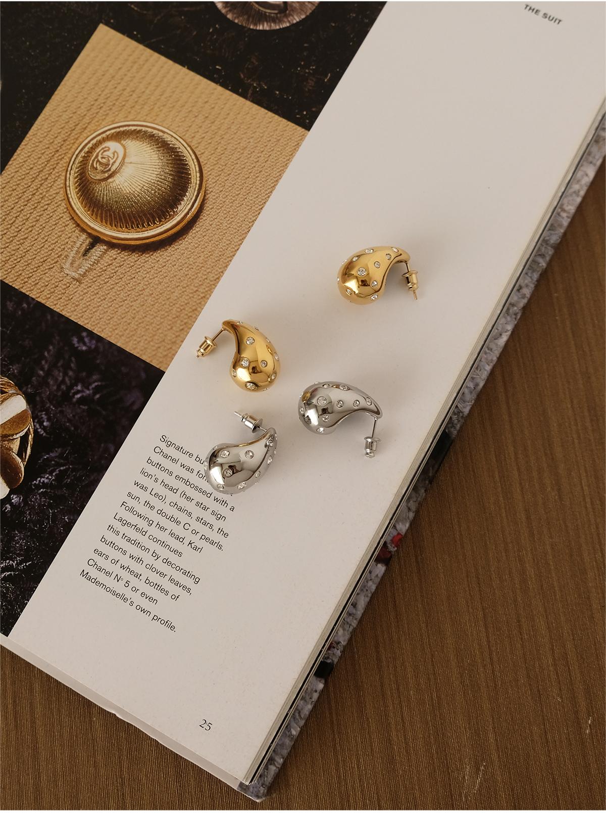 Unique Large Drop Dangle Earrings, Hand-Set Zirconia, 18K Gold-Plated 316L Stainless Steel