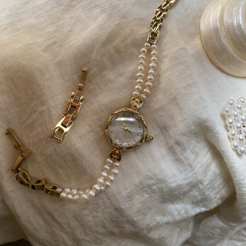 Vintage Pearl Chain Watch, Natural Pearls, Mother-of-Pearl Dial, Retro Quartz Watch for Women