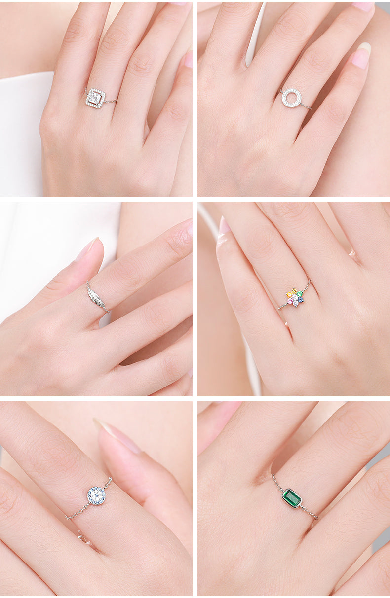 Sterling Silver Ring with Chain Design, Zirconia Inlay, Adjustable Size, Different Choice with Crystals for Women and Girls