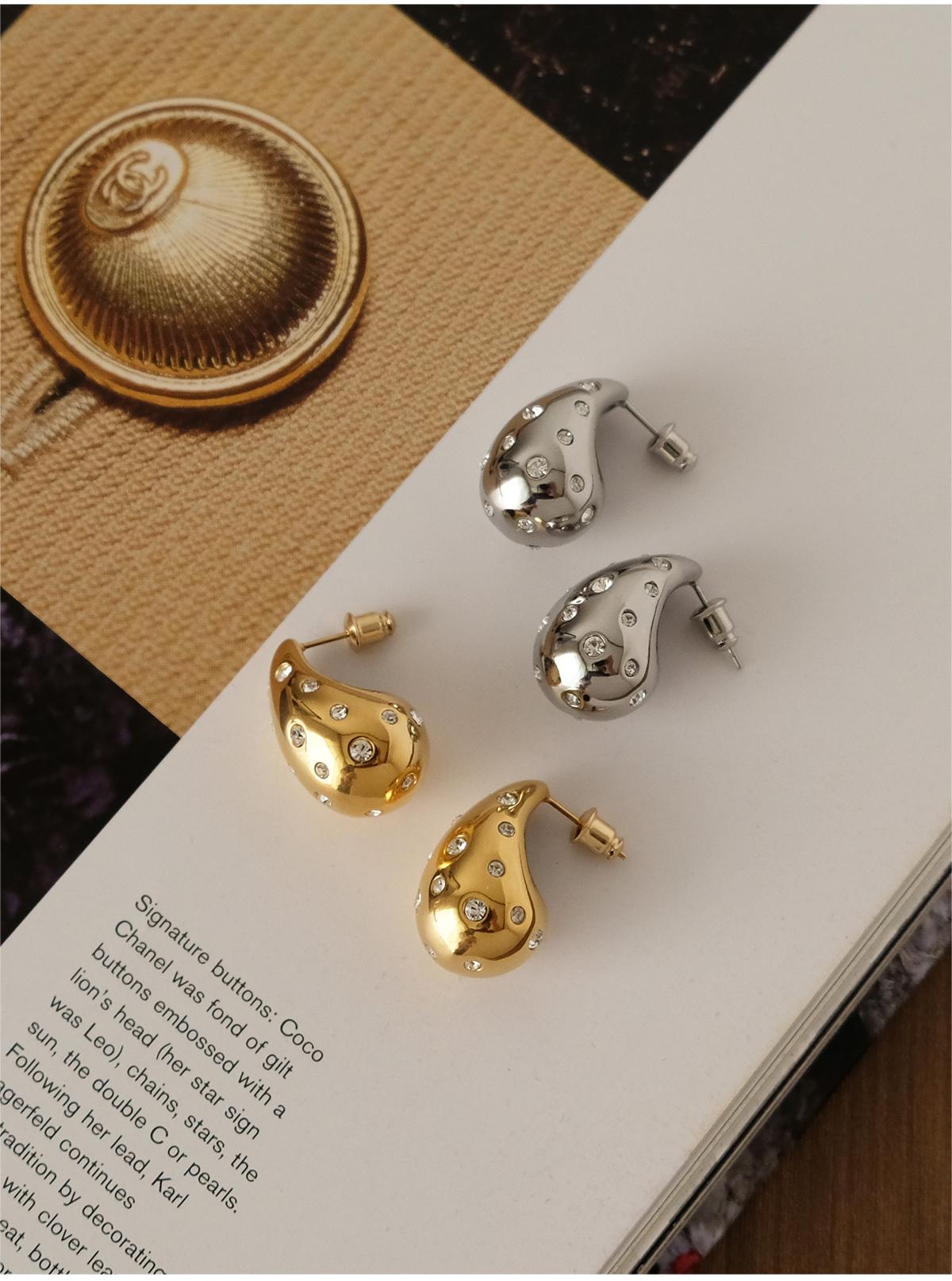 Unique Large Drop Dangle Earrings, Hand-Set Zirconia, 18K Gold-Plated 316L Stainless Steel