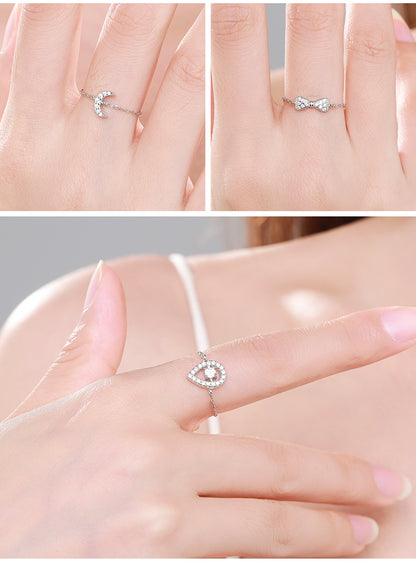 Sterling Silver Ring with Chain Design, Zirconia Inlay, Adjustable Size, Different Choice with Crystals for Women and Girls