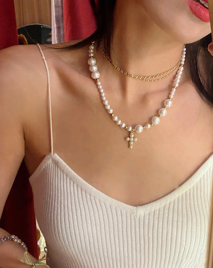 Elegant vintage watch pendant pearl choker, cross-pearl layered necklace