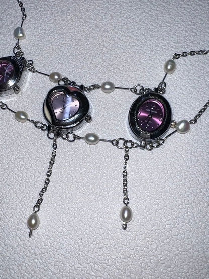Retro Elegant Three Watch Choker Necklace, Funky Clock Choker, Y2K Necklace，Clock Whimsical Neckalce,Trending Quartz Cross Pearl necklace.