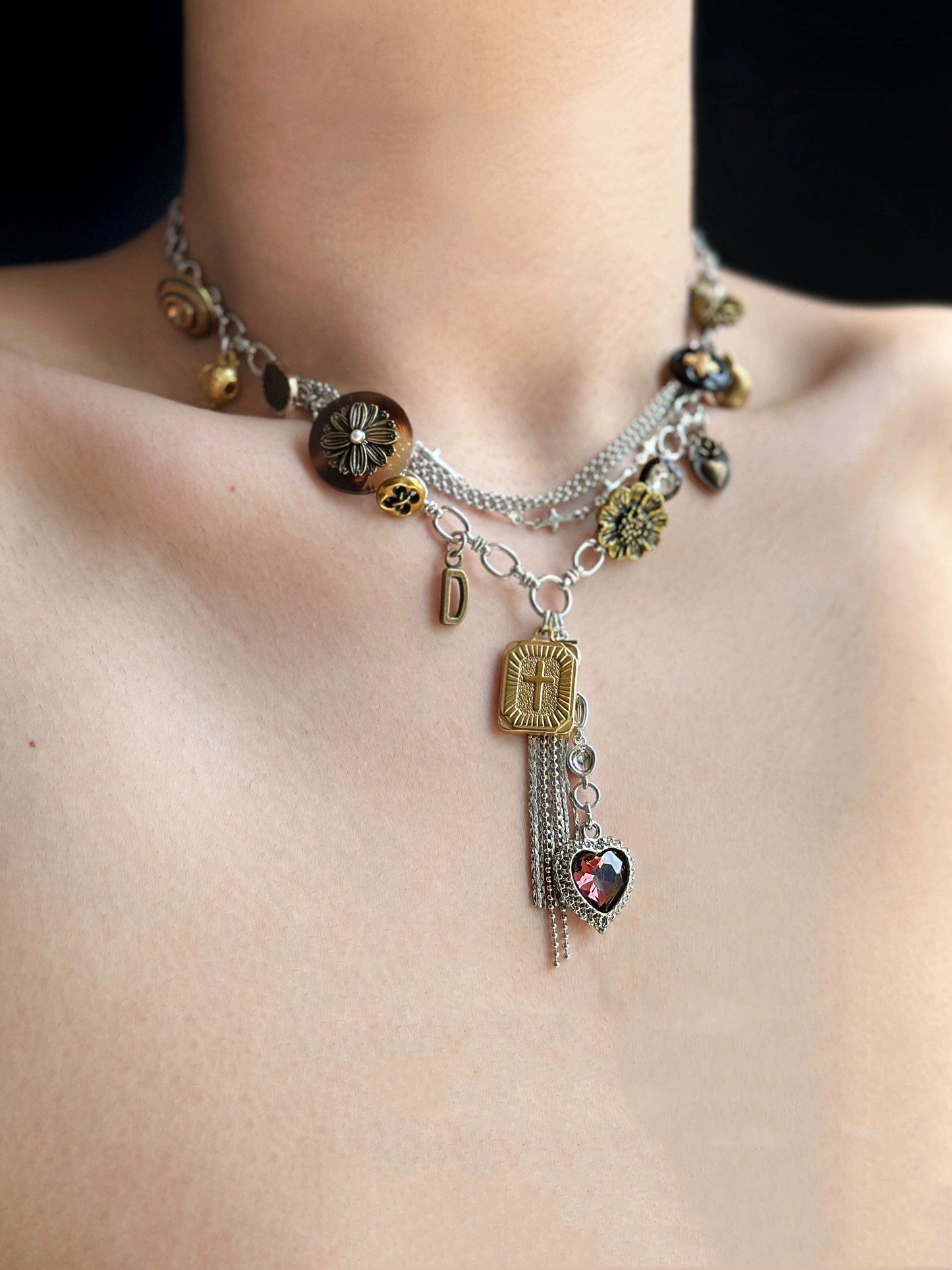 Vintage punk cross heart tassel pendant layered necklace