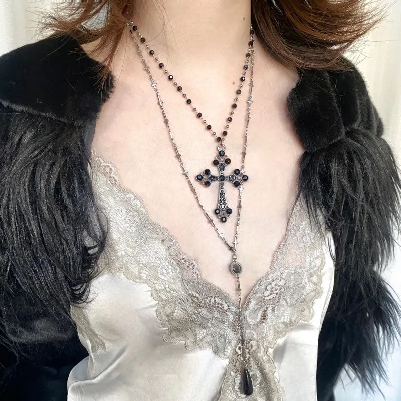 Y2k Cross double layered long necklace with cat's eyes and agate accents,Trendy Zircon Black Beads Necklace,Long Pendant Jewelry Necklaces,Cross Sexy Collarbone Multilayer Necklaces for Women