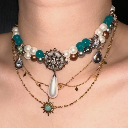 Cyber Punk Vintage Button Bead Blue Watch Choker, Butterfly Titanium Steel Doubel-layer Chunky Chain Necklace, Perfect Unique Handmade Gift