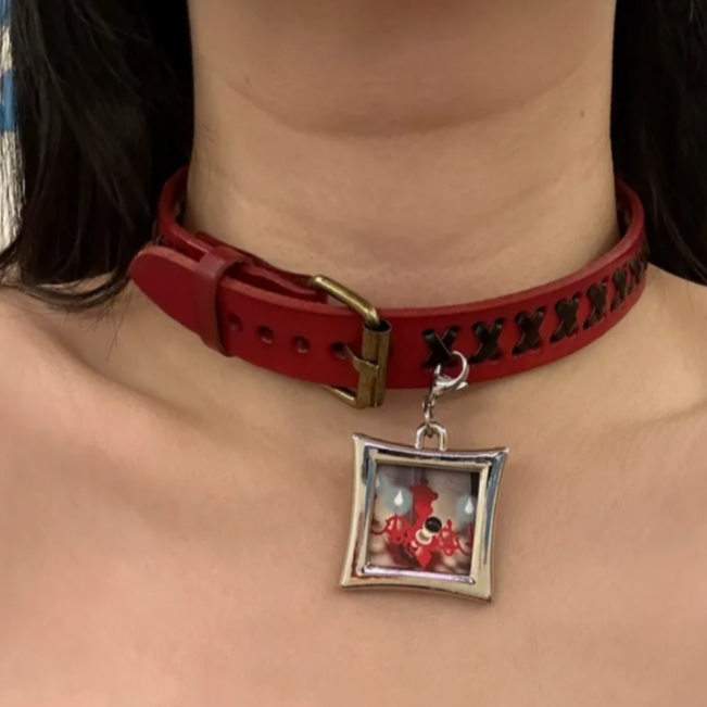 Cyber Punk Vintage Belt Square Choker, Red Leather Belt choker，Y2KAccessories, Perfect Unique Handmade Gift