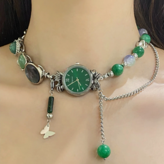 Cyber Punk Vintage Chunky Metal Chain Bead Necklace，Silver and Green Watch Pendant Choker, Trendy Jewelry, Y2KAccessories, Perfect Unique Handmade Gift