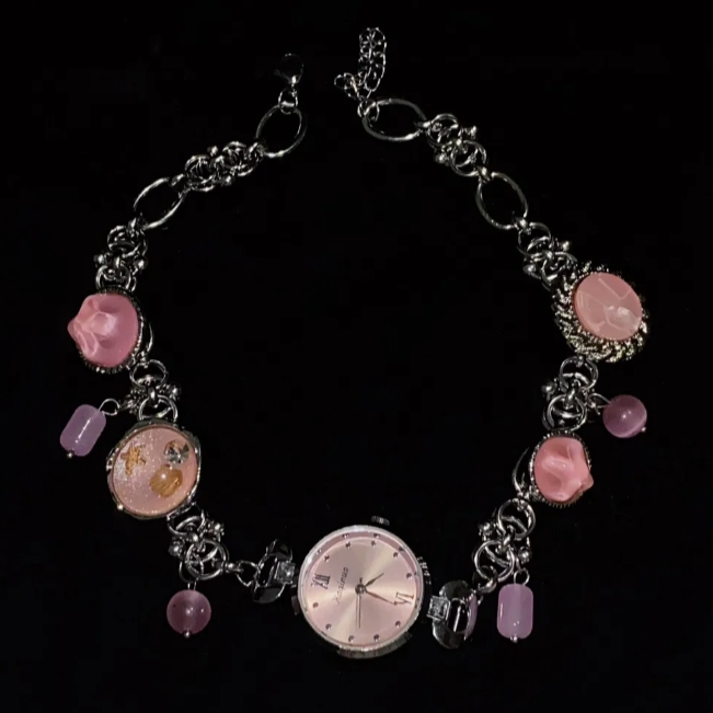Cyberpunk Retro Pink Watch Choker Necklace, Silver Watch Pendant Choker, Y2K Choker, Stylish and Cool