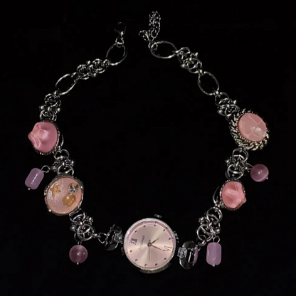 Cyberpunk Retro Pink Watch Choker Necklace, Silver Watch Pendant Choker, Y2K Choker, Stylish and Cool