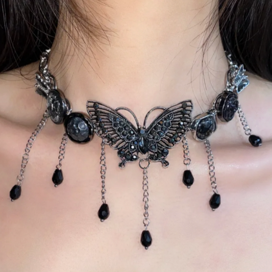 Cyber Punk Vintage Tassel Black Choker, Butterfly Titanium Steel Chunky Chain Necklace,Y2KAccessories, Perfect Unique Handmade Gift