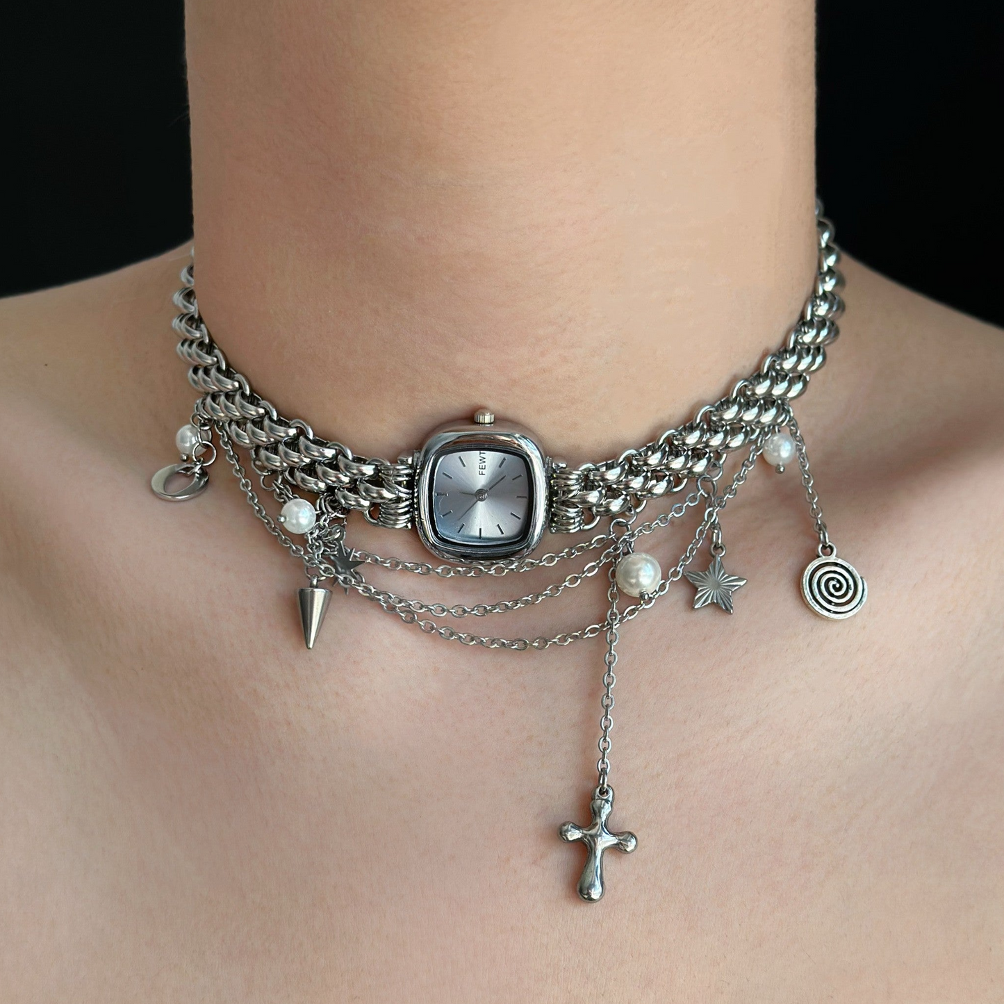 Y2K Silver Watch Choker, Metallic Chunky Chain Necklace