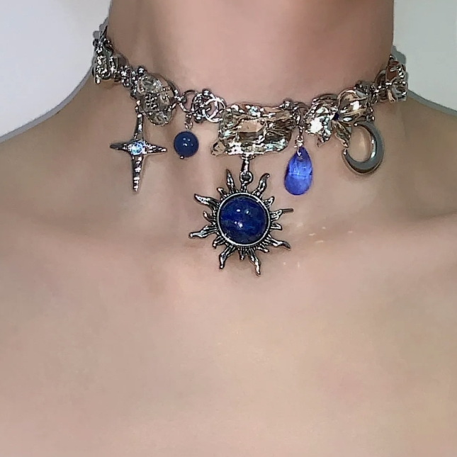 Cyber Punk Vintage Chunky Metal Chain Necklace，Silver Star Moon Pendant Choker,  Trendy Jewelry, Y2KAccessories, Perfect Unique Handmade Gift