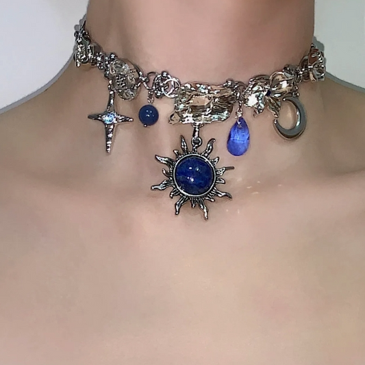 Cyber Punk Vintage Chunky Metal Chain Necklace，Silver Star Moon Pendant Choker,  Trendy Jewelry, Y2KAccessories, Perfect Unique Handmade Gift