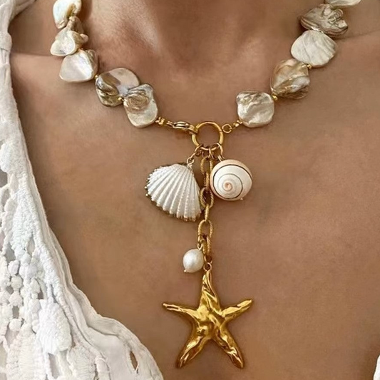 Adorable Vintage Pearl Necklace and Bracelet, Shell and Starfish Choker Chain, Playful Accesories for Women