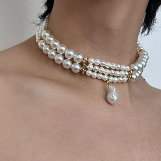 Vintage Double-layer Baroque Pearl Choker Necklace，Unisex Pearl Choker Necklaces , Bridal Choker, Costume Jewelry, Handmade Unique Jewelry Gift