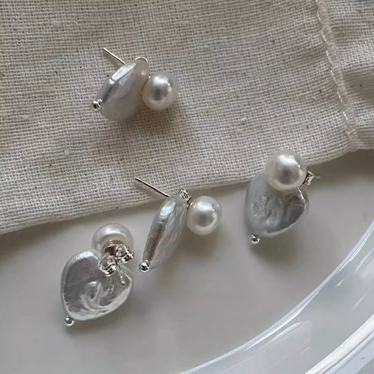 Heart-shaped Baroque Freshwater Pearl Earrings, 925 Sterling Siver, Adorable Accessory for Women
