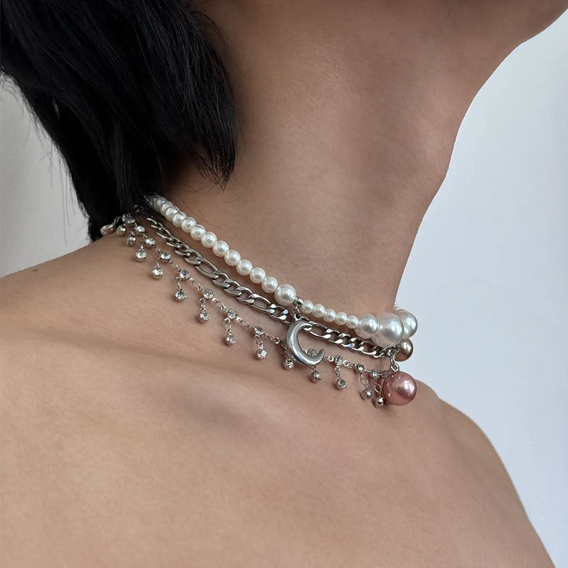 Gothic Layered Pearl Choker Retro Punk Stacked Necklace with Long Chain for Women Gift