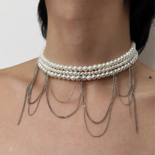 Sexy Pearl Tassels Choker Necklaces Jewelry Necklace for Women Girls Vintage Tassel Chain Three-layer Pearl Choker Collar ﻿