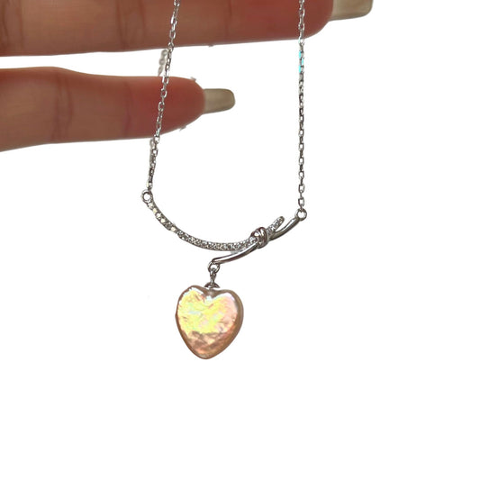 Champagne Pink Natural Baroque Pearl Necklace with Sterling Silver Heart Pendant and Crystal Embellishments