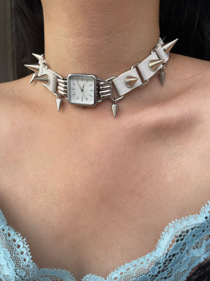 Cyber Punk Niche Chunky Watch Leather White Y2K Choker Metallic Jewelry Trendy Necklace Sliver Chain Accessories