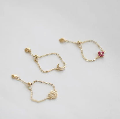 MoJone Adjustable Unique Original Chain Ring for Female, Moon, Flower