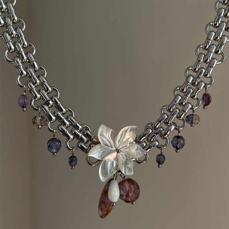 Vintage Flower Pendant Chunky Chain Necklace，Punk Retro Beads Choker Necklace, Y2K Adjustable Trendy Jewelry，Gift for Woman