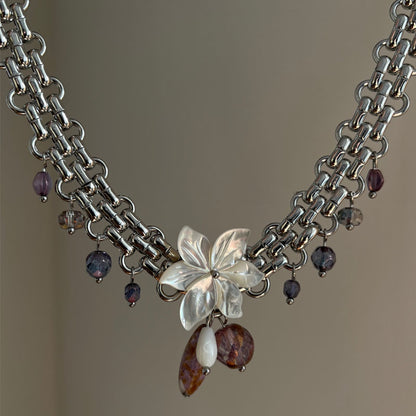 Vintage Flower Pendant Chunky Chain Necklace，Punk Retro Beads Choker Necklace, Y2K Adjustable Trendy Jewelry，Gift for Woman