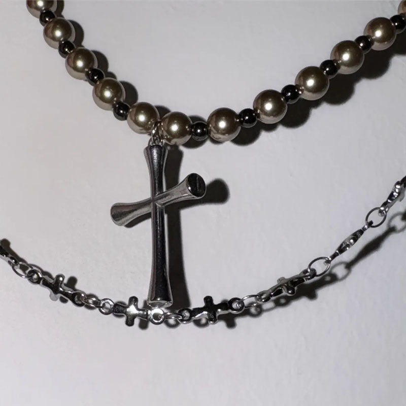 Gothic Double Layered Cross Necklace,  Alloy Black Bead Cross Choker Necklace, Halloween Goth Jewelry Gift for Women
