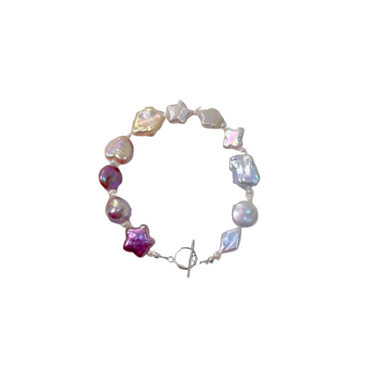 Baroque Pearl and Multicolored Gemstone Bracelet with Star and Heart Charms - Handcrafted Elegance