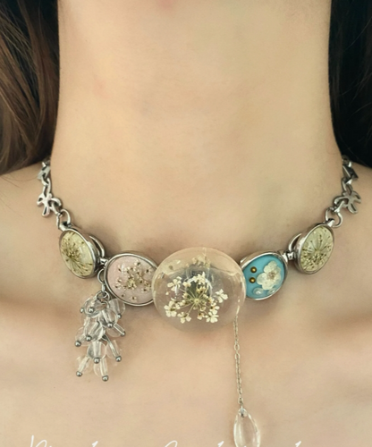 Cyberpunk Retro Choker Necklace, Silver Dried Flower Specimen Pendant Choker, Y2K Choker, stylish and cool, niche appeal