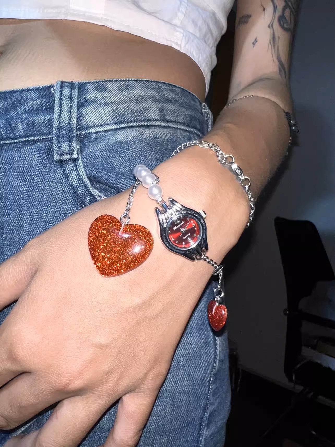 Vintage Punk Niche Red Watch Pearl  Choker, Red Heart, Butterfly Pendant Fringe Necklace, Y2K  Metallic Jewelry , Handmade Gift For Her