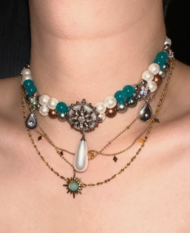 Cyber Punk Vintage Button Bead Blue Watch Choker, Butterfly Titanium Steel Doubel-layer Chunky Chain Necklace, Perfect Unique Handmade Gift