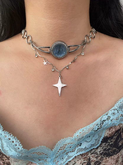 Cyber Punk Niche Chunky Blue Watch Choker, Star Pendant Layered Necklace,Y2K  Metallic Jewelry ,Trendy Sliver Chain Accessories