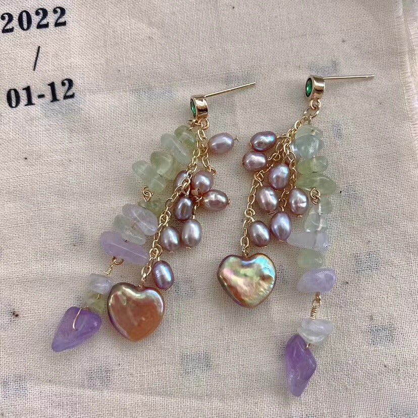 925 Sterling Silver Needle Earrings with Natural Crystal Chips and Heart-Shaped Pearl Accents