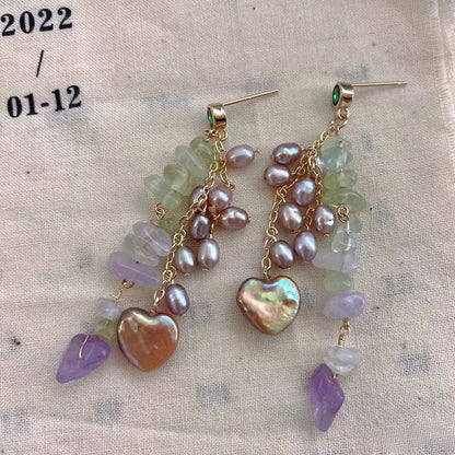 925 Sterling Silver Needle Earrings with Natural Crystal Chips and Heart-Shaped Pearl Accents