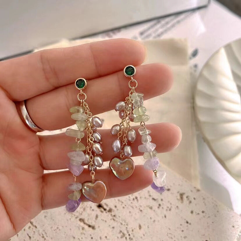 925 Sterling Silver Needle Earrings with Natural Crystal Chips and Heart-Shaped Pearl Accents