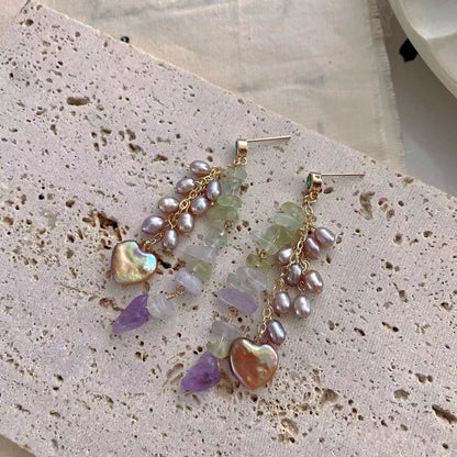 925 Sterling Silver Needle Earrings with Natural Crystal Chips and Heart-Shaped Pearl Accents