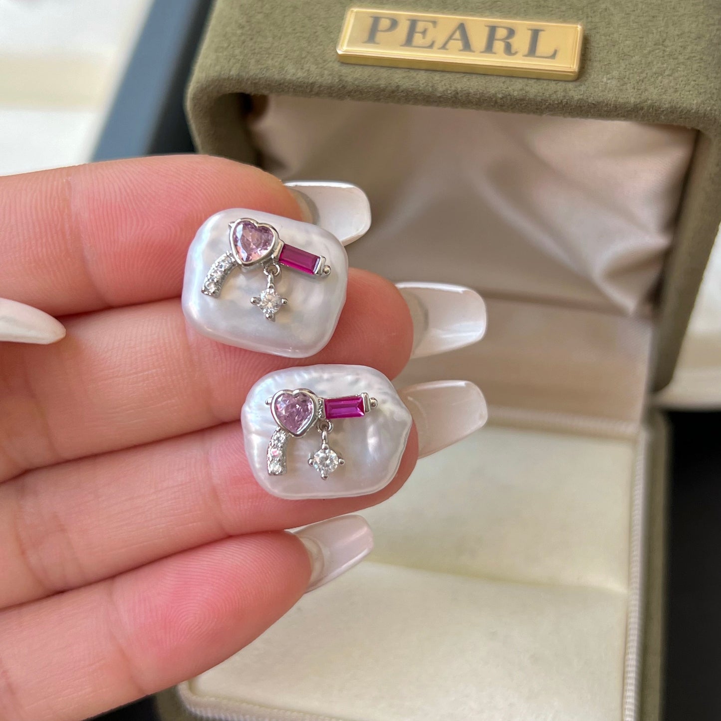 Unique Pearl and Cubic Zirconia Pink Gun Stud Earrings - Trendy Irregular Shaped Jewelry for Fashion-Forward Accessory Enthusiasts