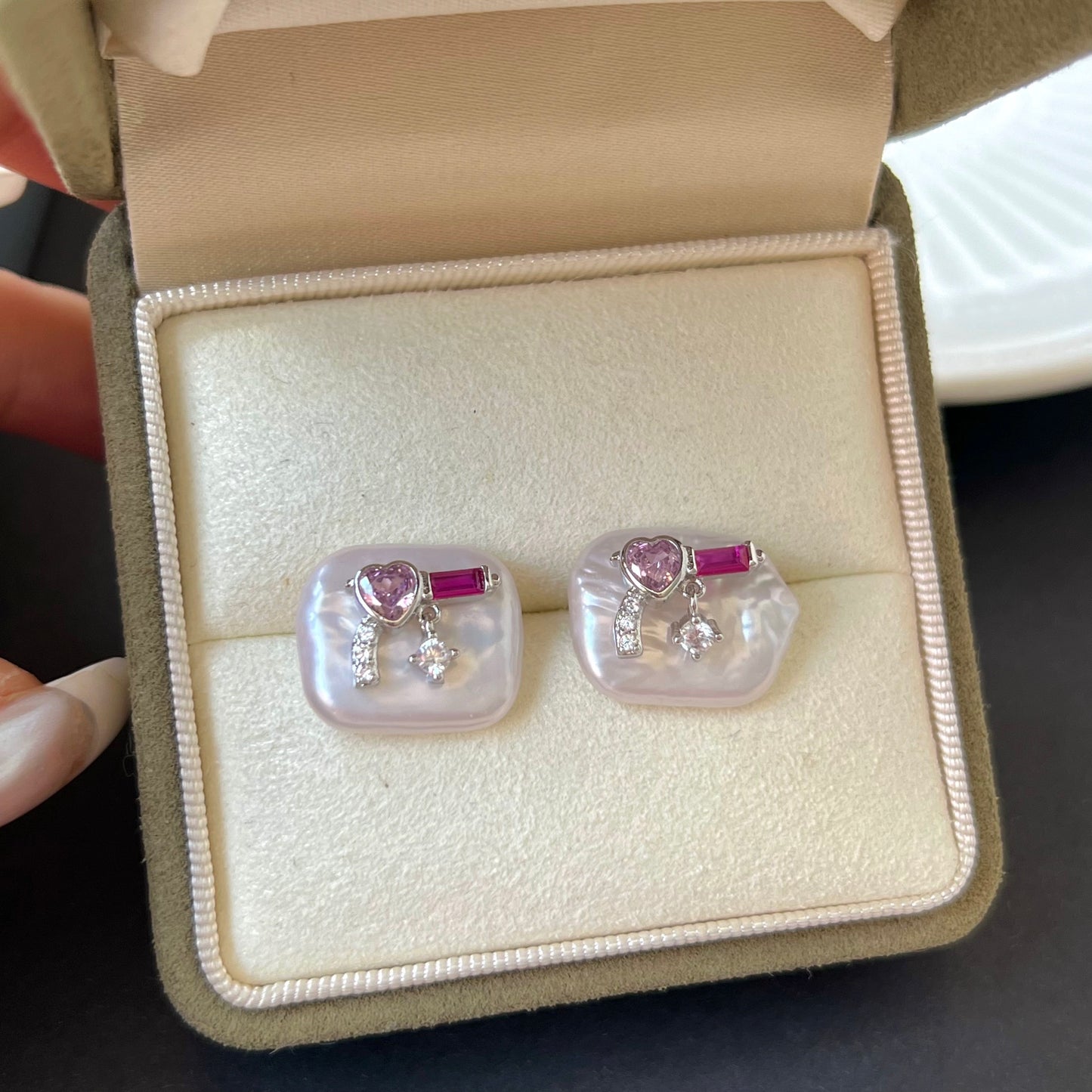 Unique Pearl and Cubic Zirconia Pink Gun Stud Earrings - Trendy Irregular Shaped Jewelry for Fashion-Forward Accessory Enthusiasts