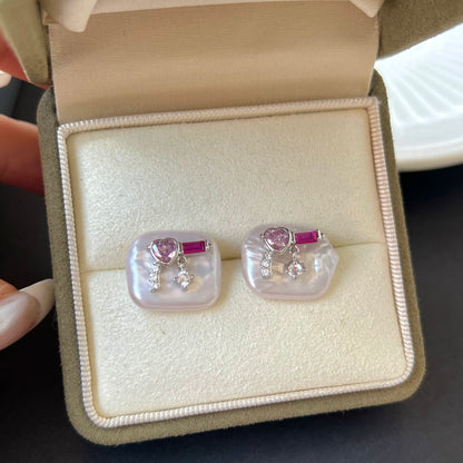 Unique Pearl and Cubic Zirconia Pink Gun Stud Earrings - Trendy Irregular Shaped Jewelry for Fashion-Forward Accessory Enthusiasts